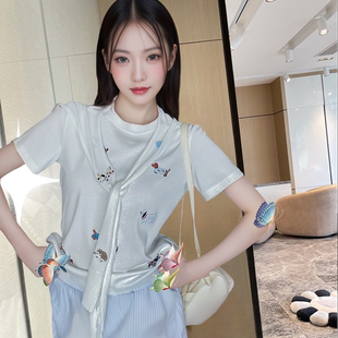 地球店韩系多巴胺白色可爱卡通减龄t恤小香披肩女夏日漂亮小上衣