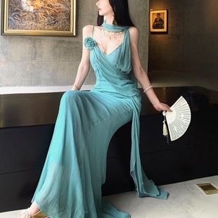 地球店【薄荷曼波】希腊风吊带飘带抽褶连衣裙女