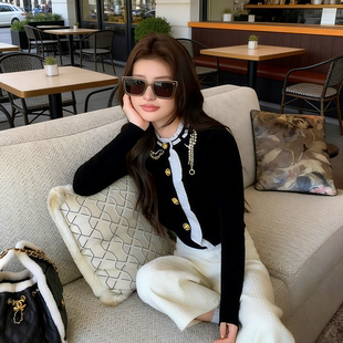 地球店黑色短款小香风外套女冬小个子富家千金miu系穿搭修身上衣