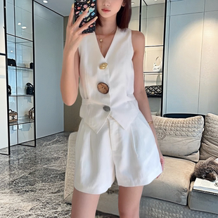 地球店老钱风穿搭收腰亚麻白色无袖马甲休闲裤短裤法式清纯套装女