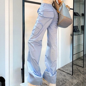 女夏季 新款 显瘦窄版 地球店蓝色高腰百搭薄款 裤 休闲裤 工装 子 微喇裤