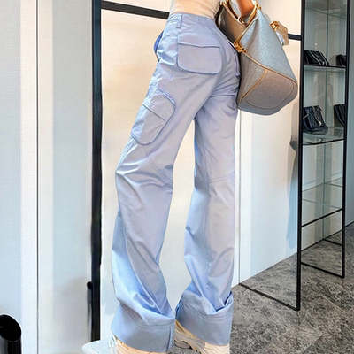 地球店蓝色高腰百搭微喇裤休闲裤