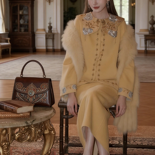 地球店新品【玉坠瑶台】绵羊毛双面呢大衣+人丝提花刺绣云肩+半裙