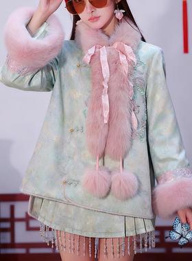 地球店「浮翠记」冬季新中式国风暗纹提花刺绣白鸭绒羽绒服+短裙