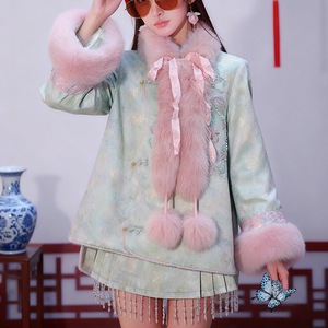 地球店「浮翠记」冬季新中式国风暗纹提花刺绣白鸭绒羽绒服+短裙