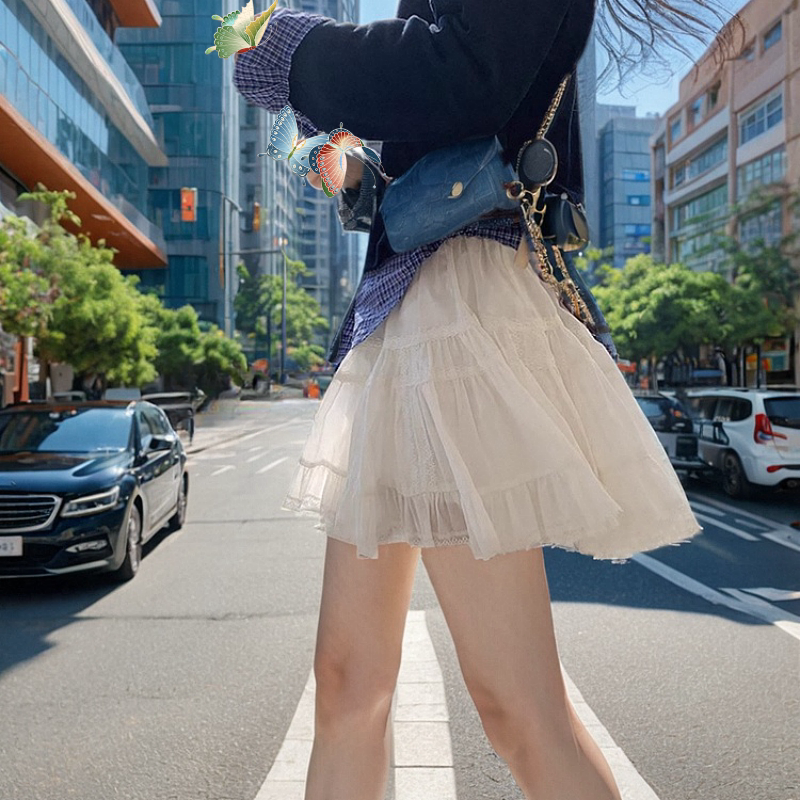 地球店白色法式花边拼接蛋糕裙女夏高腰显瘦防走光百搭蓬蓬半身裙