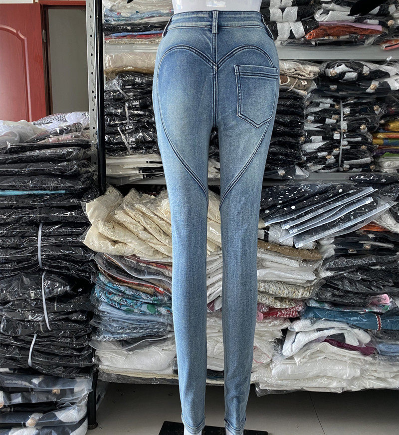 地球店修身弹力高腰显瘦牛仔裤女
