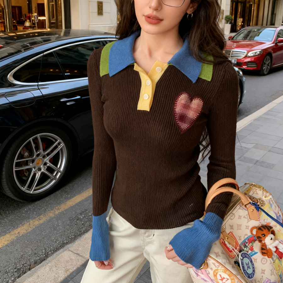 地球店miu系爱心贴布修身针织衫