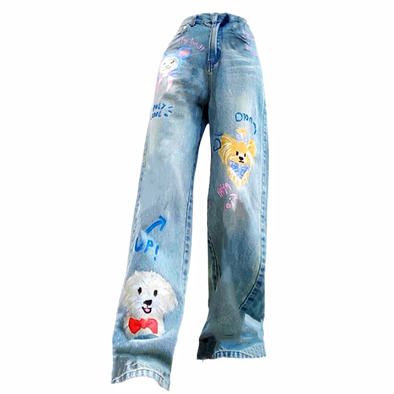 地球店新品多色卡通印花高腰阔腿裤春季女设计感牛仔裤