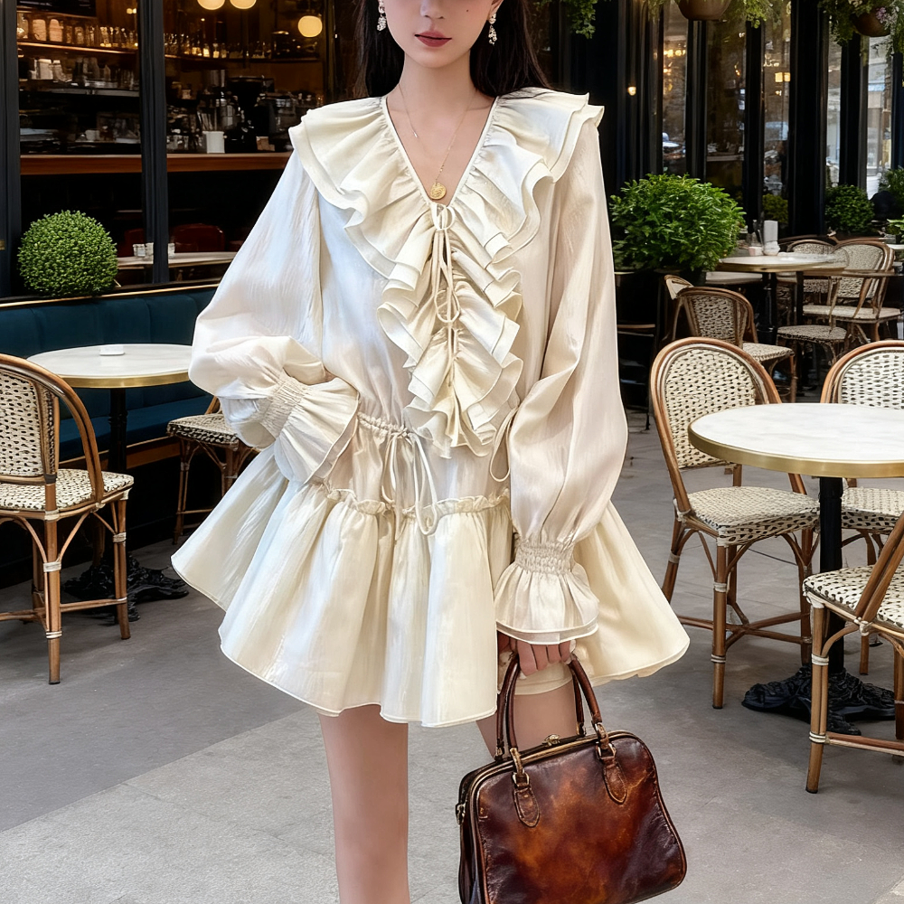 小景家度假风荷叶V领礼服连衣裙