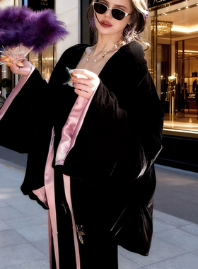 大MOSS【醉花吟】冬季新中式撞色丝绒90白鸭绒系带羽绒服女