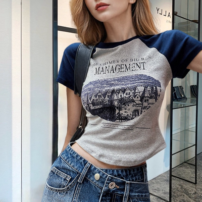 地球店灰撞蓝插肩袖短袖弧形T恤