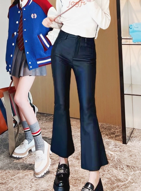 小景家 欧美时髦黑色爆款神裤环保蛋白皮显瘦百搭高腰微喇皮长裤