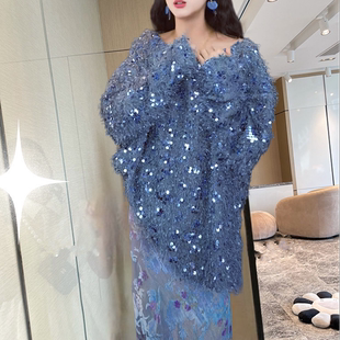 地球店【凝夜雾花】新中式V领亮片毛衣金线烂花丝绒半裙套装