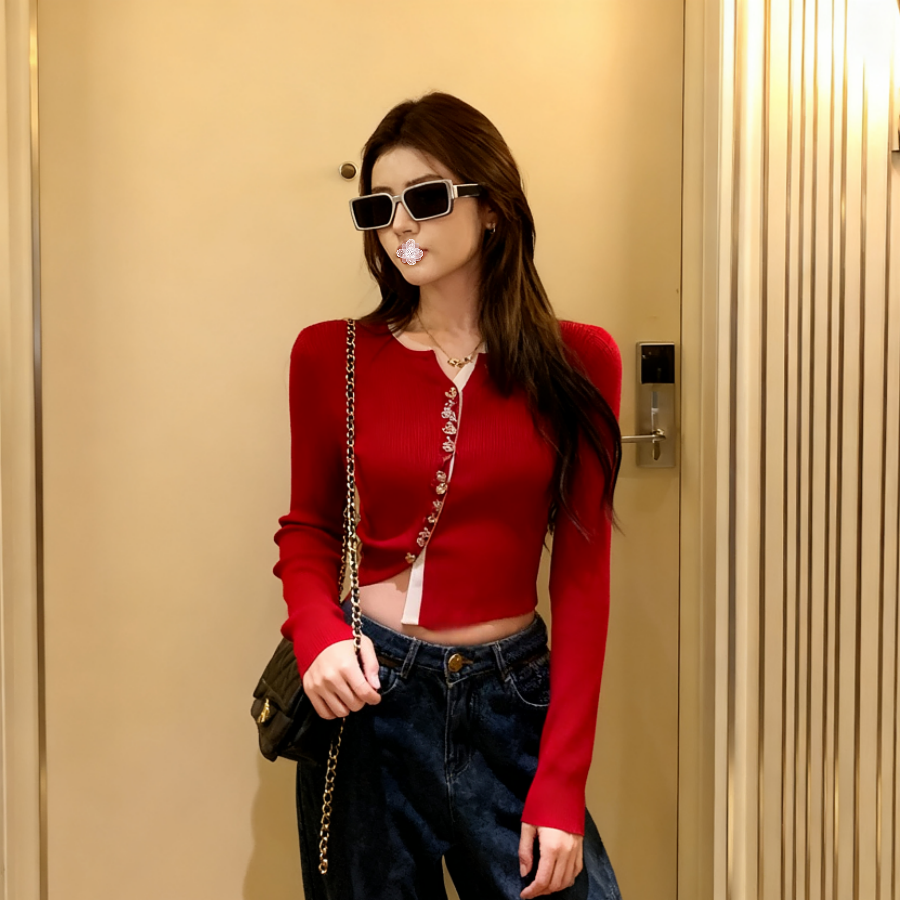 地球店红色复古辣妹假两件不对称设计感针织衫女修身短款开衫上衣