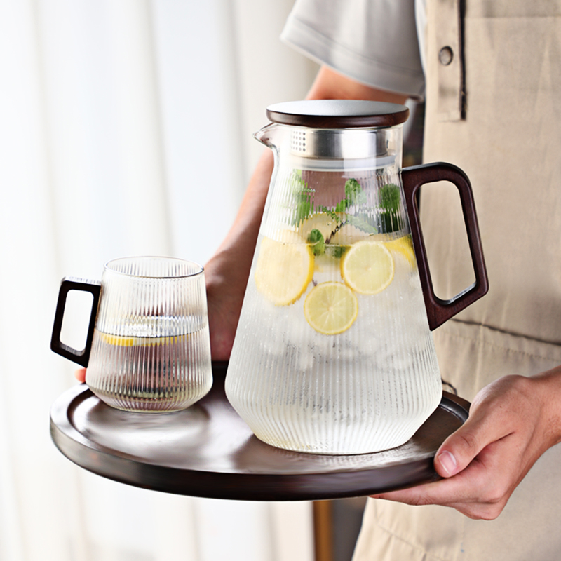 耐热玻璃水壶水杯加厚防爆高硼硅玻璃木把条纹壶泡茶煮茶果汁水具