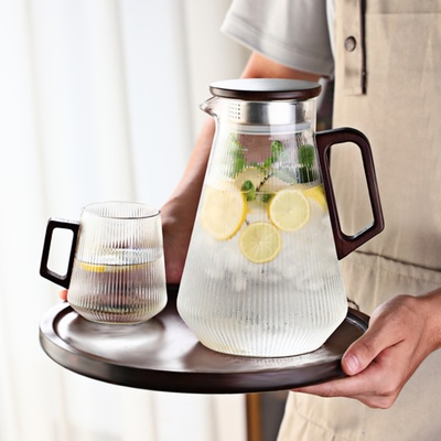 耐高温木把条纹玻璃水壶