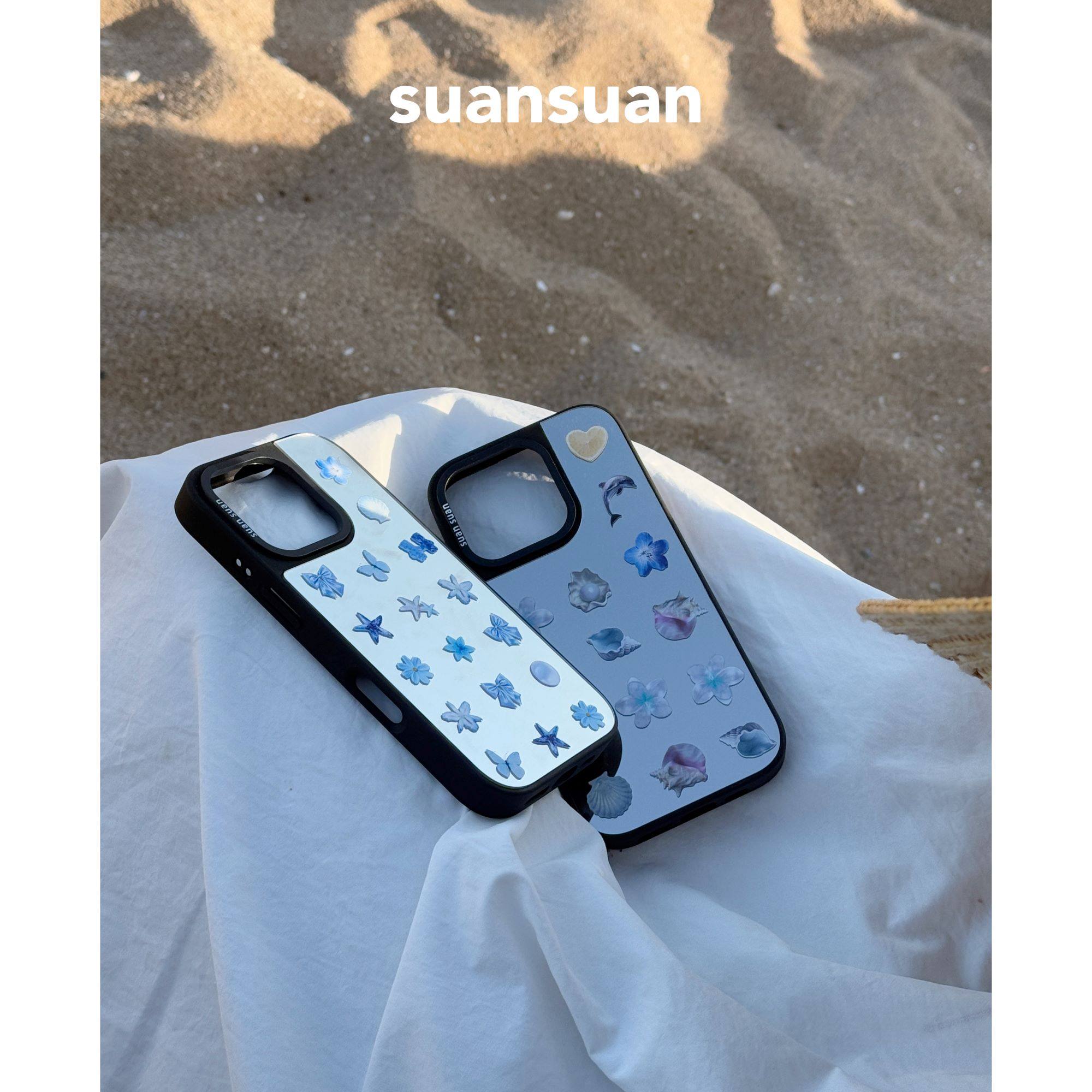 suansuan|原创《海的诗》小众高级蓝色海洋元素黑边镜面磁吸手机壳适用iPhone17promax苹果16/15防摔新款创意