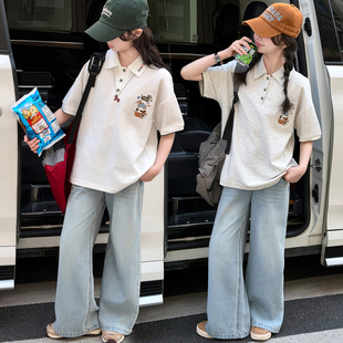 女童学院风POLO衫套装夏季短袖牛仔裤中大童洋气宽松休闲两件套潮