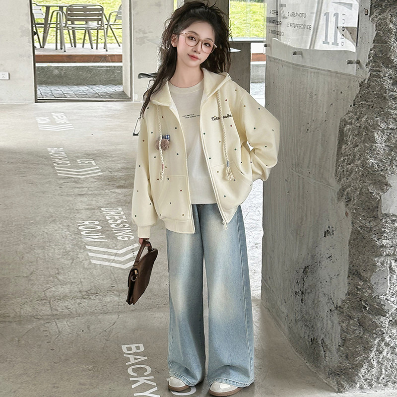 女童秋装外套2026新款女大童春秋季休闲连帽上衣儿童牛仔裤两件套