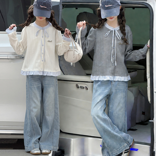 女童洋气套装春装儿童韩系衬衫2026新款女孩牛仔裤两件套春秋12岁