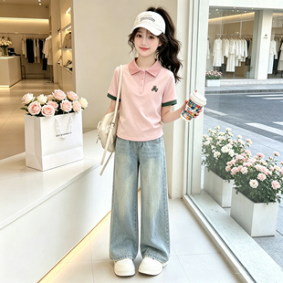 女童夏季polo套装2026新款儿童装洋气时髦短袖T恤衫牛仔裤两件套
