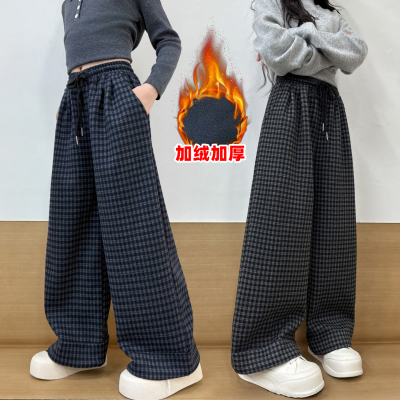 女童格子裤子秋冬2025新款大儿童洋气网红阔腿裤女孩休闲加绒裤子