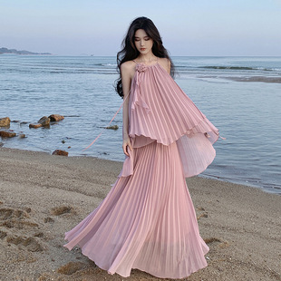 海边度假雪纺长裙超仙吊带挂脖压褶两件套装裙女夏季超好看