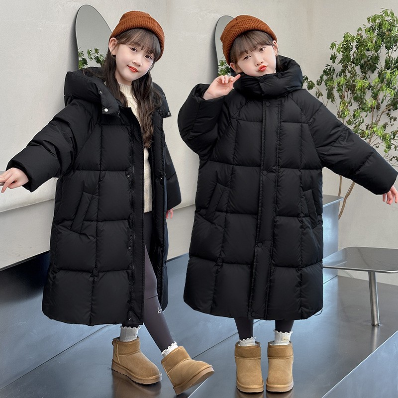 女童羽绒棉服中长款2025新款冬季学生棉衣黑色中大童棉袄外套加厚
