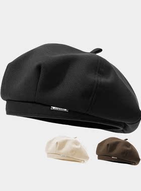 韩版毛呢贝雷帽女秋冬款显脸小2025新款大头围黑色八角帽画家帽子