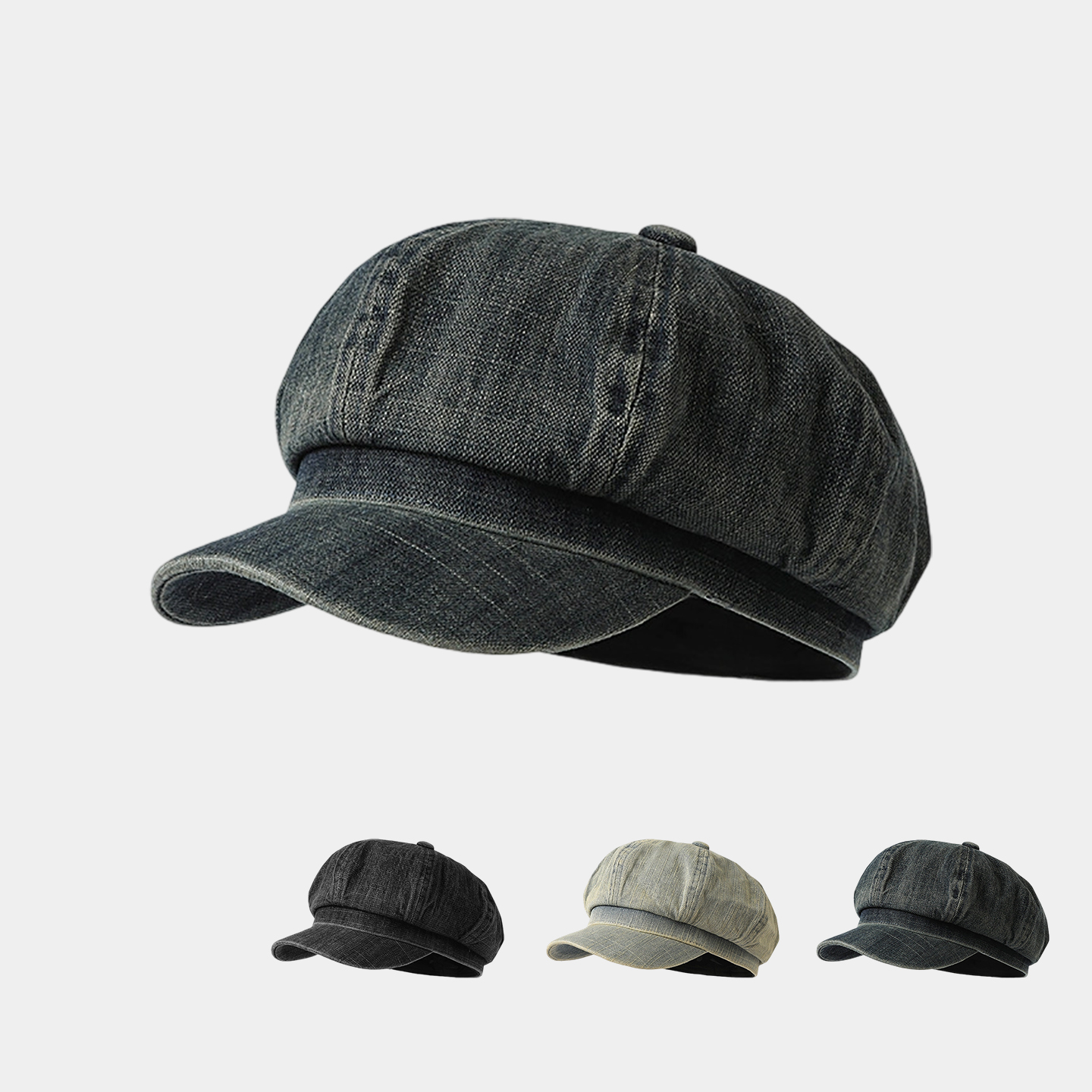 做旧复古牛仔布八角帽子女秋冬百搭显脸小鸭舌贝雷帽画家帽英伦风