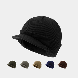 冬季滑雪针织鸭舌帽男女带帽檐马术毛线帽子户外保暖防寒冷帽护耳