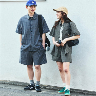 潮牌freaks store25夏男女涤棉格子宽松半袖衬衫男士短袖衬衫