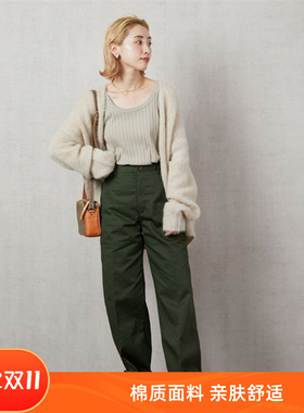 日单freaks store宽松休闲裤斜纹直筒女百搭通勤挽边裤子现货秒发