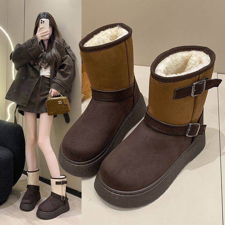 周冬雨同款厚底雪地靴女皮毛一体短筒情侣加绒加厚2025冬季棉鞋