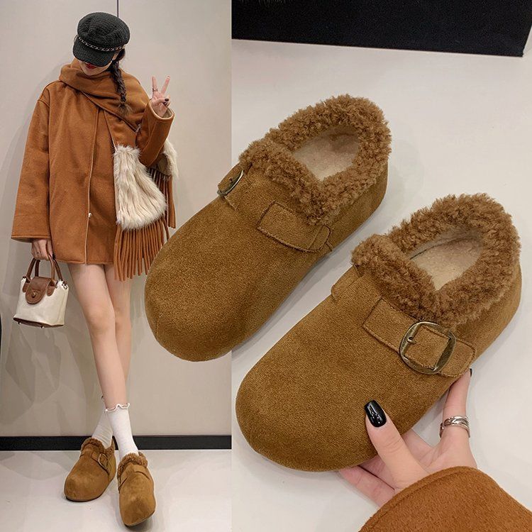 主推显脚小~！勃肯加绒懒人半拖鞋女冬季厚底外穿博肯毛毛棉拖鞋