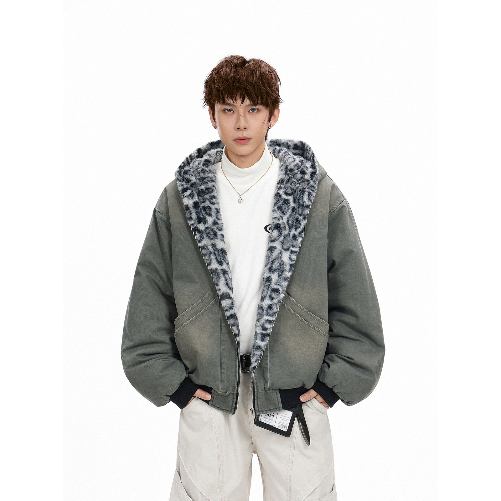 GCINIM401美式复古豹纹毛领棉衣男女冬季加厚连帽宽松夹棉外套