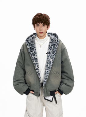 GCINIM401美式复古豹纹毛领棉衣男女冬季加厚连帽宽松夹棉外套