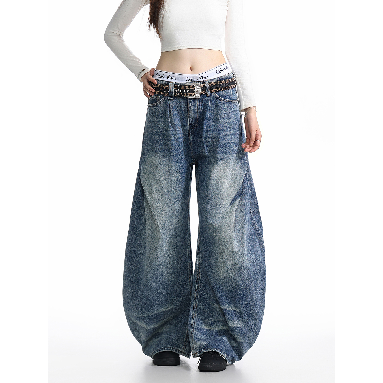 男女小众设计感阔腿宽松牛仔裤子