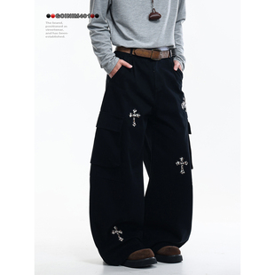 GCINIM401美式工装十字架刺绣黑色阔腿裤男多口袋弯刀裤街头休闲