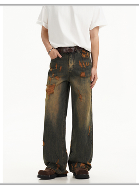 GCINIM401潮牌青春时尚百搭休闲男女款做旧水洗破洞宽松牛仔裤