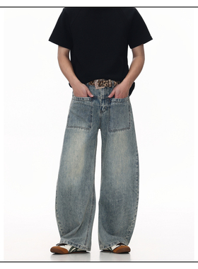 GCINIM40.美式复古设计百搭弯刀阔腿牛仔裤宽松显瘦浅蓝色牛仔裤