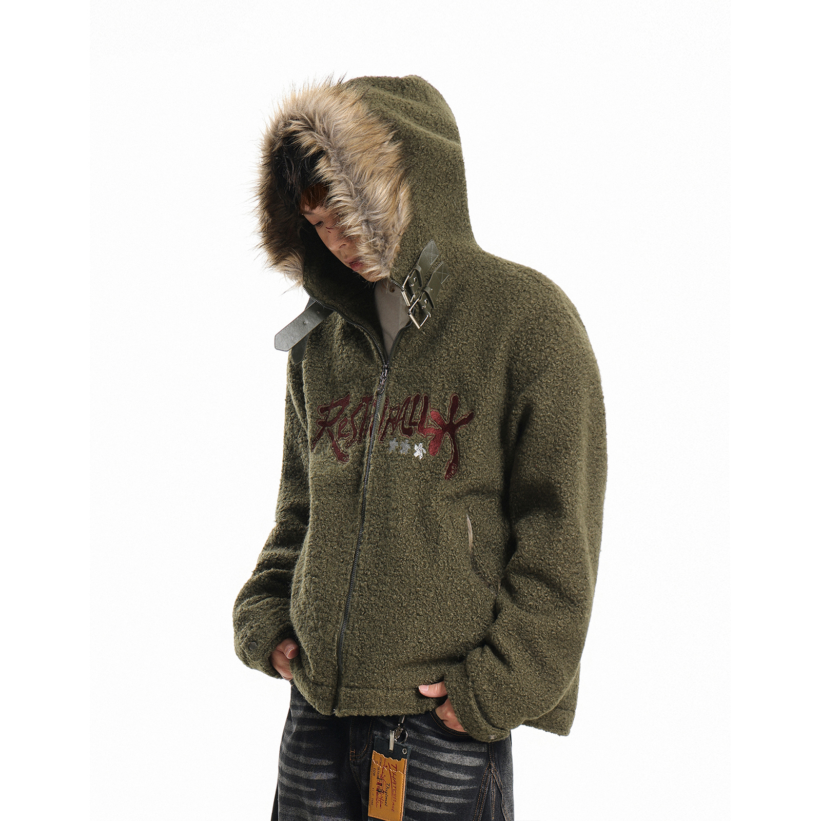 GCINIM401美式复古羊羔绒毛领连帽棉衣男女刺绣皮扣厚棉服外套