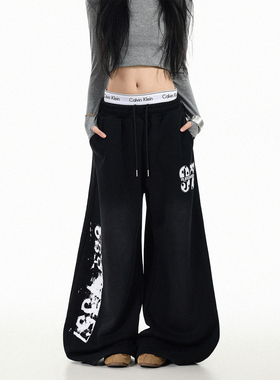 GCINIM401黑色高腰阔腿卫裤女宽松百搭字母印花长裤