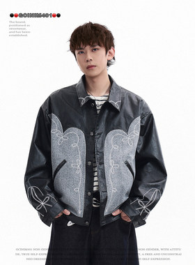 GCINIM401美式复古翻领PU皮夹克男女宽松刺绣拼接街头潮牌外套