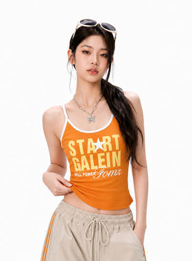 美式复古字母印花吊带背心女修身显瘦橙色辣妹短款多巴胺风上衣