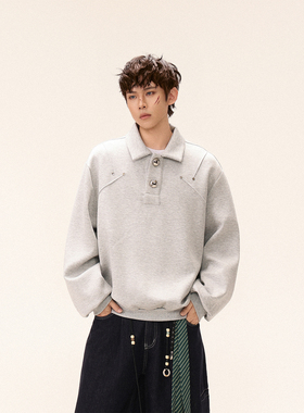 GCINIM401美式复古灰色polo领卫衣男女秋冬新款宽松休闲百搭上衣