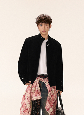 GCINIM401美式复古百搭新款黑色麂皮立领夹克男女拉链秋冬短外套