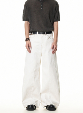 GCINIM401美式复古白色弯刀牛仔裤男女宽松阔腿vintage拖地感长裤