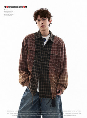 GCINIM401美式复古撞色拼接格纹衬衫男宽松设计感做旧长袖衬衣